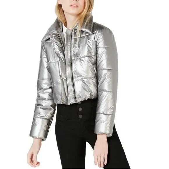 Bar III Puffer Silver Metallic Cropped Snap Zip Up Jacket - Picture 2 of 9